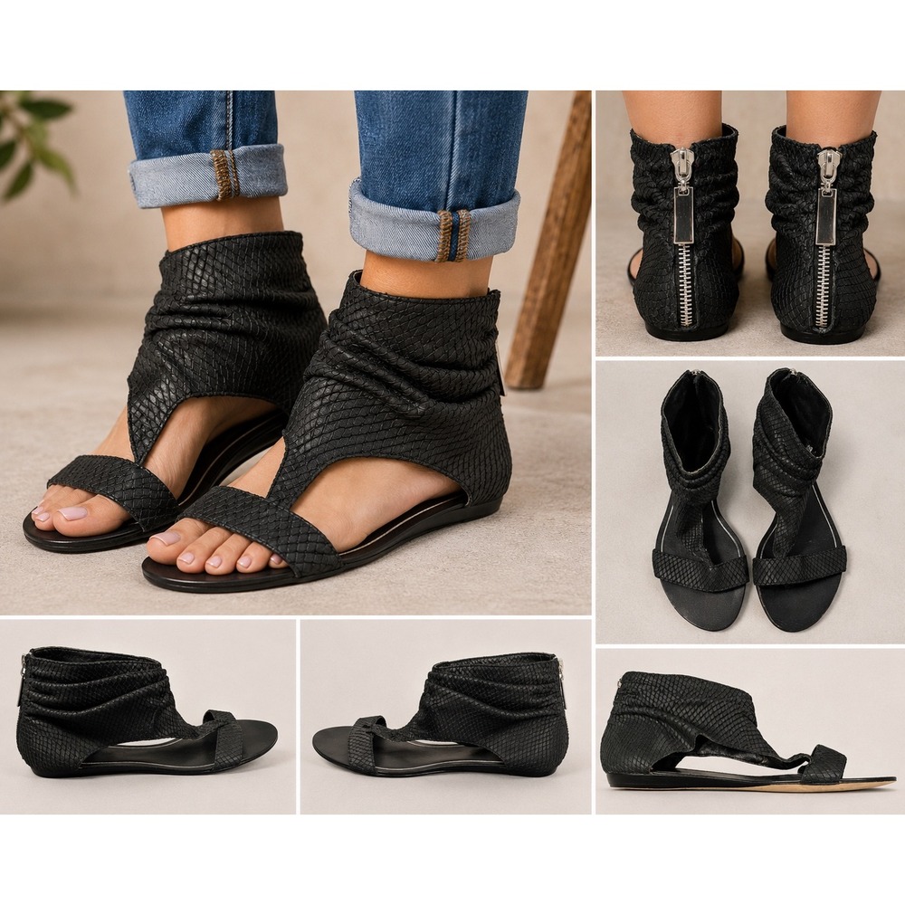 Dolce Vita Cuffed Gladiator Sandals‎ Womens 7.5 Black Snakeskin Embossed Leather